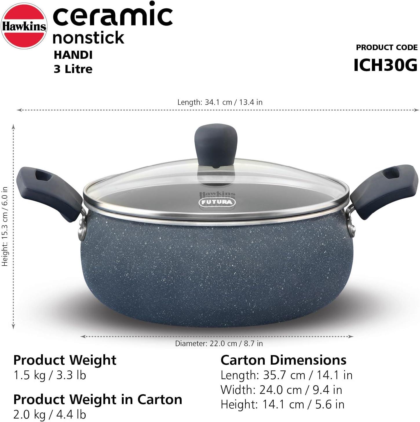 image:imageHawkins Ceramic Nonstick Handi with Glass Lid 3 Litre Induction Biryani Pot Granite Casserole ICH30G