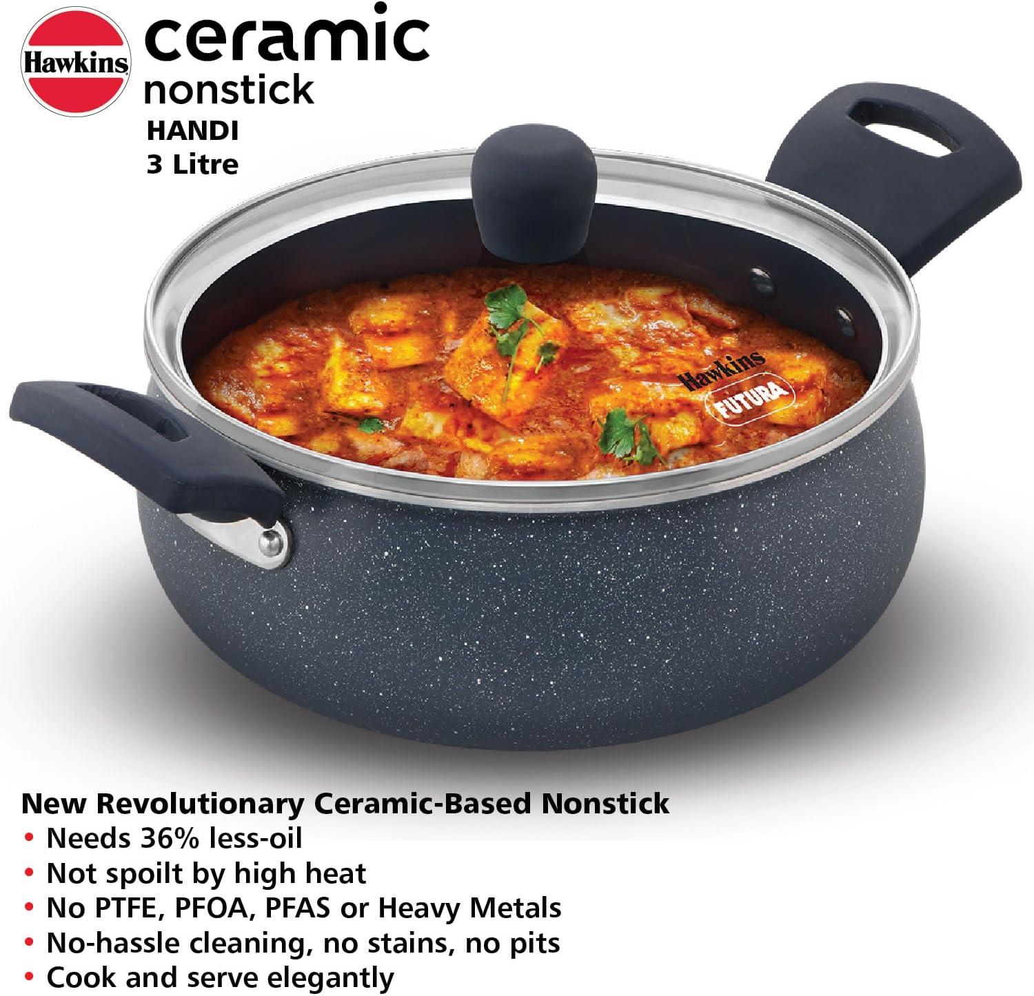 image:imageHawkins Ceramic Nonstick Handi with Glass Lid 3 Litre Induction Biryani Pot Granite Casserole ICH30G