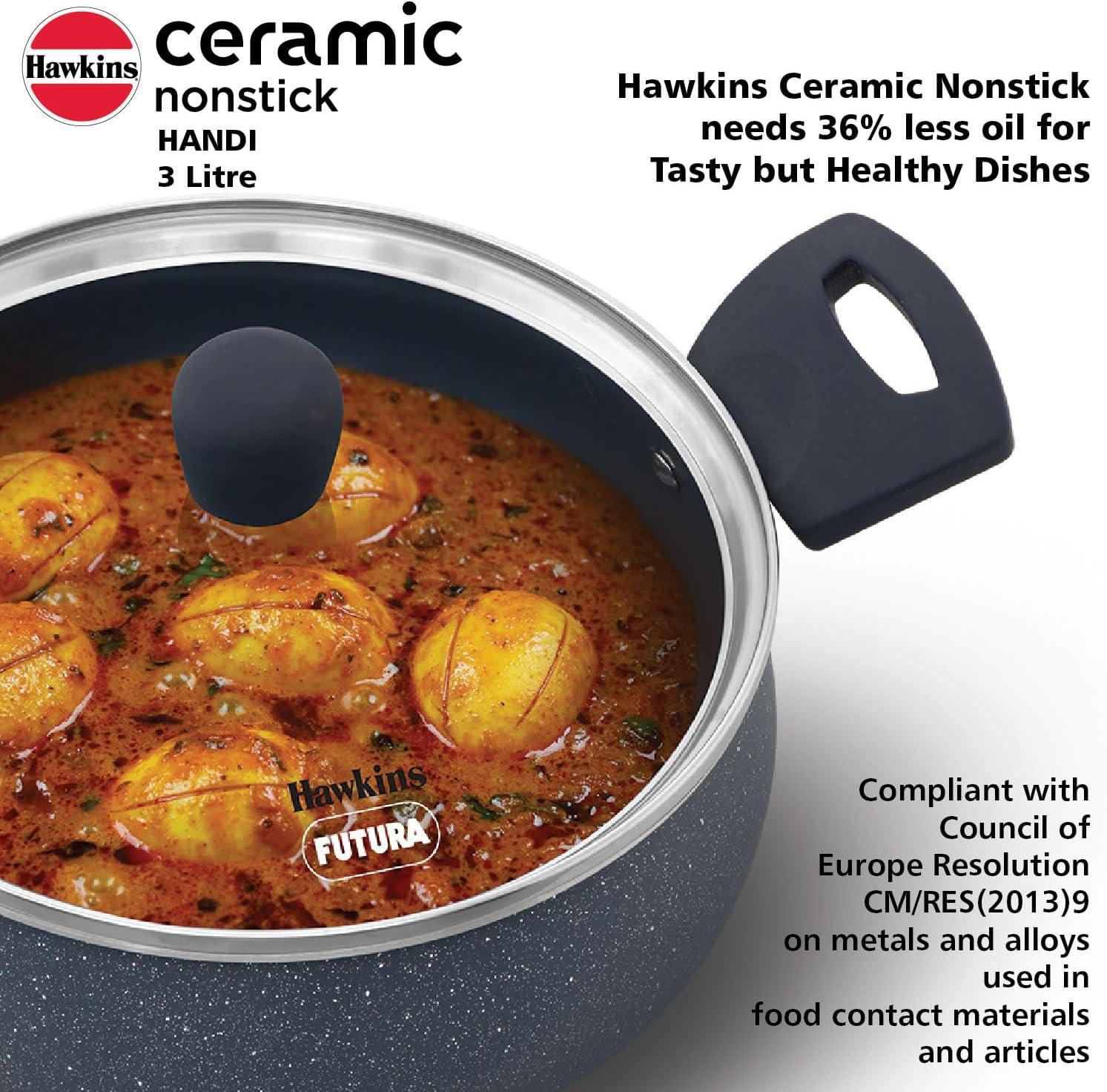 image:imageHawkins Ceramic Nonstick Handi with Glass Lid 3 Litre Induction Biryani Pot Granite Casserole ICH30G