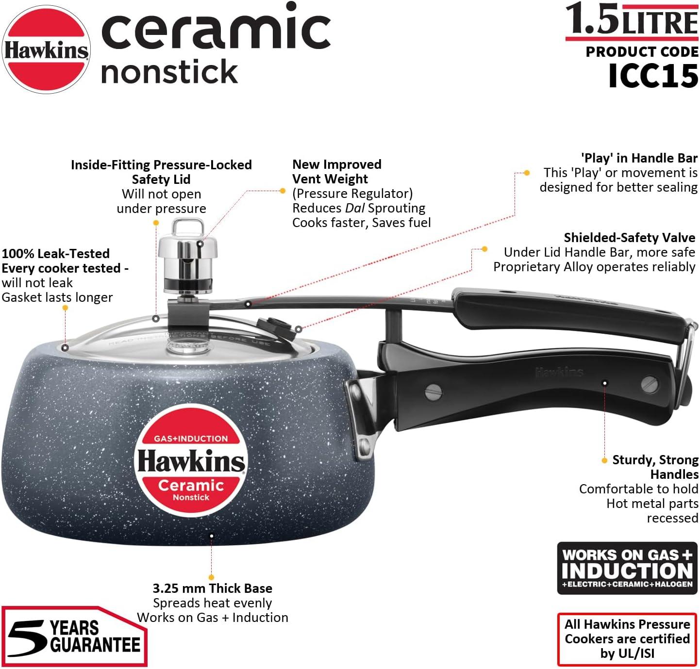 image:imageHawkins Ceramic Nonstick Pressure Cooker Induction Inner Lid Cooker Granite Contura shaped Cooker Best Cooker Blue ICC15 15 Litre16 Quarts
