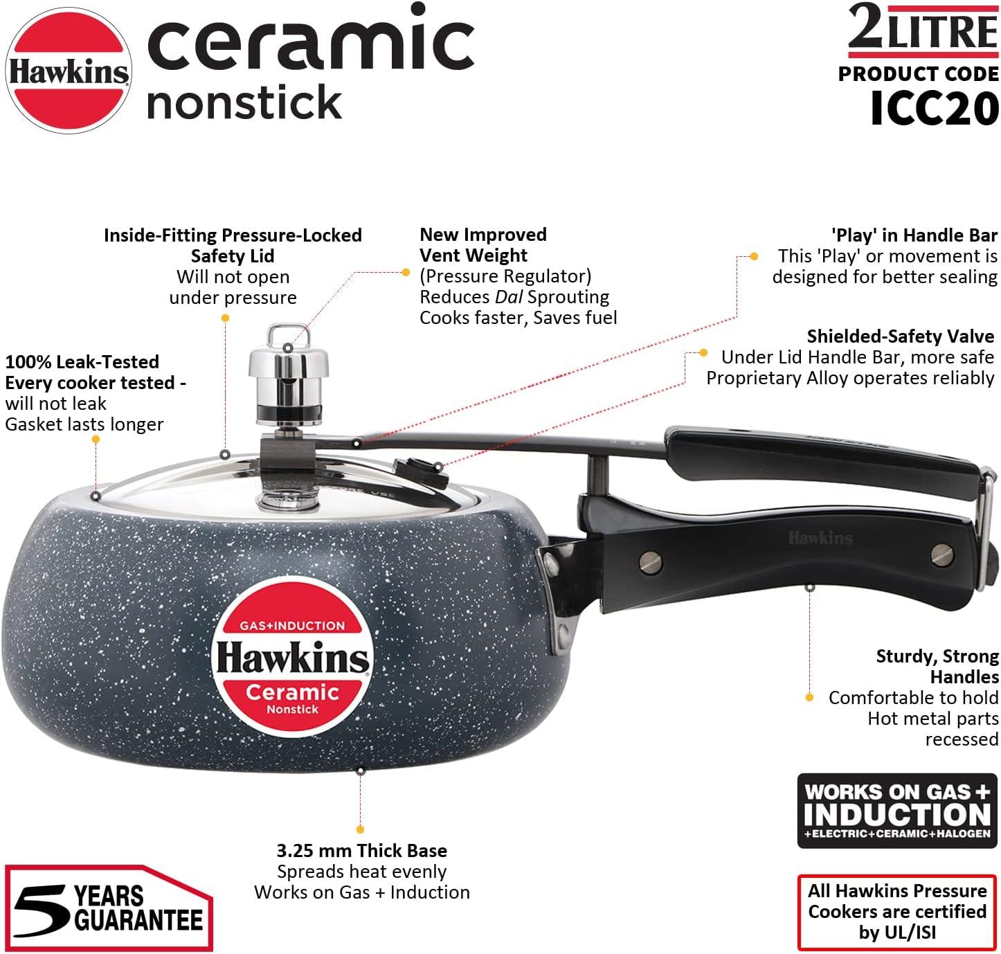 image:imageHawkins Ceramic Nonstick Pressure Cooker Induction Inner Lid Cooker Granite Contura shaped Cooker Best Cooker Blue ICC20 2 Litre