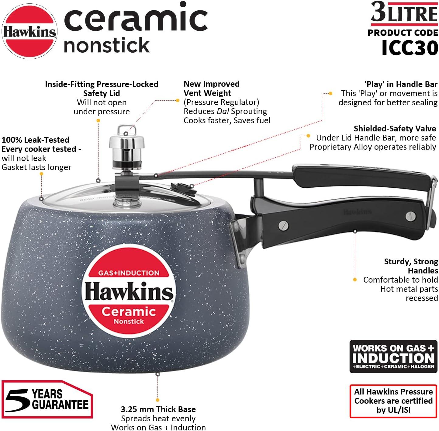 image:imageHawkins Ceramic Nonstick Pressure Cooker Induction Inner Lid Cooker Granite Contura shaped Cooker Best Cooker Blue ICC30 3 Litre