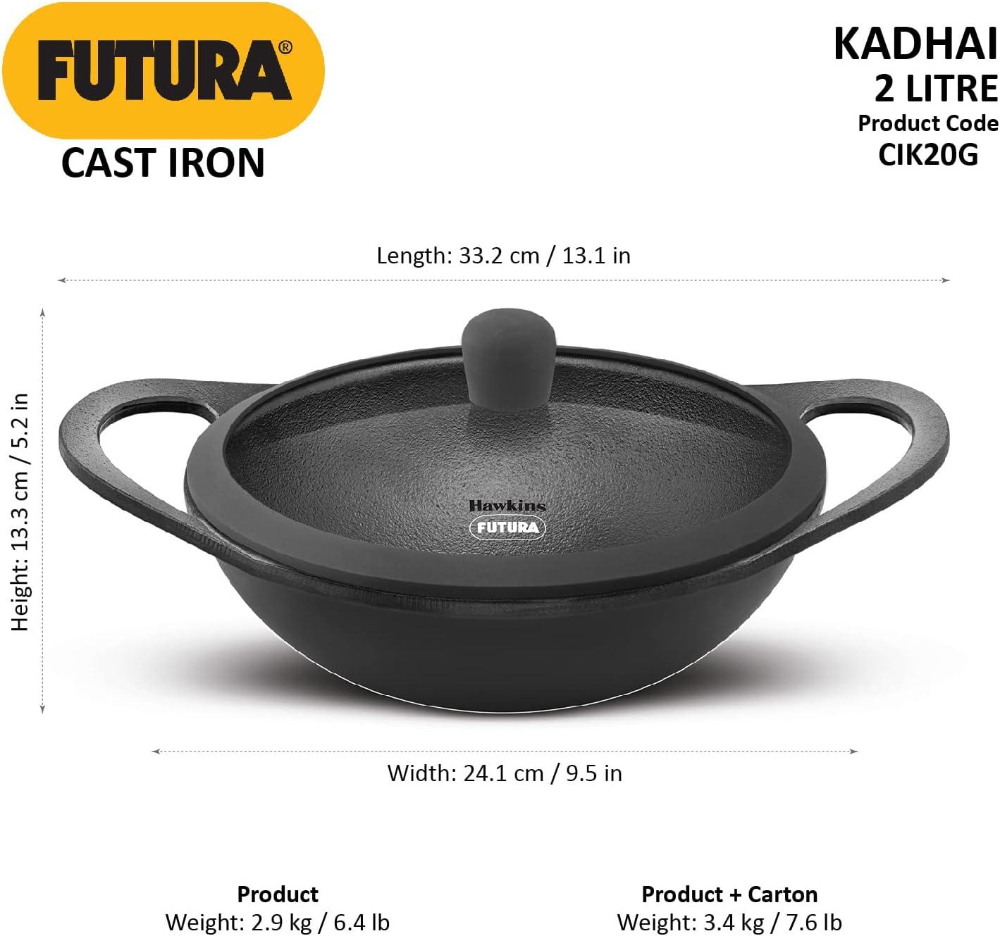 image:imageHawkins Futura 2 Litre Cast Iron Kadhai Naturally Nonstick Cast Iron Kadai with Glass Lid Cast Iron Cookware for Kitchen Black CIK20G