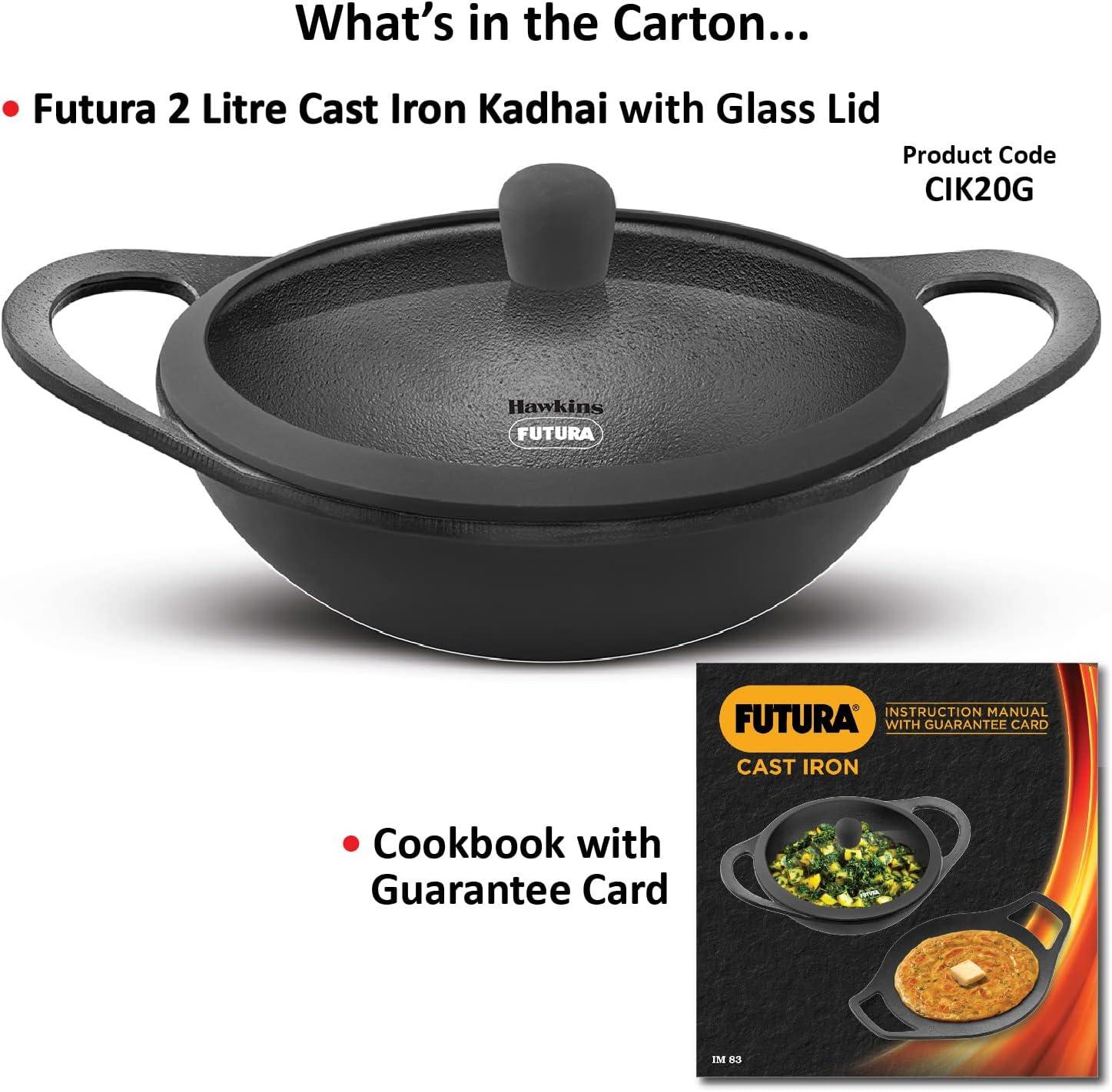image:imageHawkins Futura 2 Litre Cast Iron Kadhai Naturally Nonstick Cast Iron Kadai with Glass Lid Cast Iron Cookware for Kitchen Black CIK20G