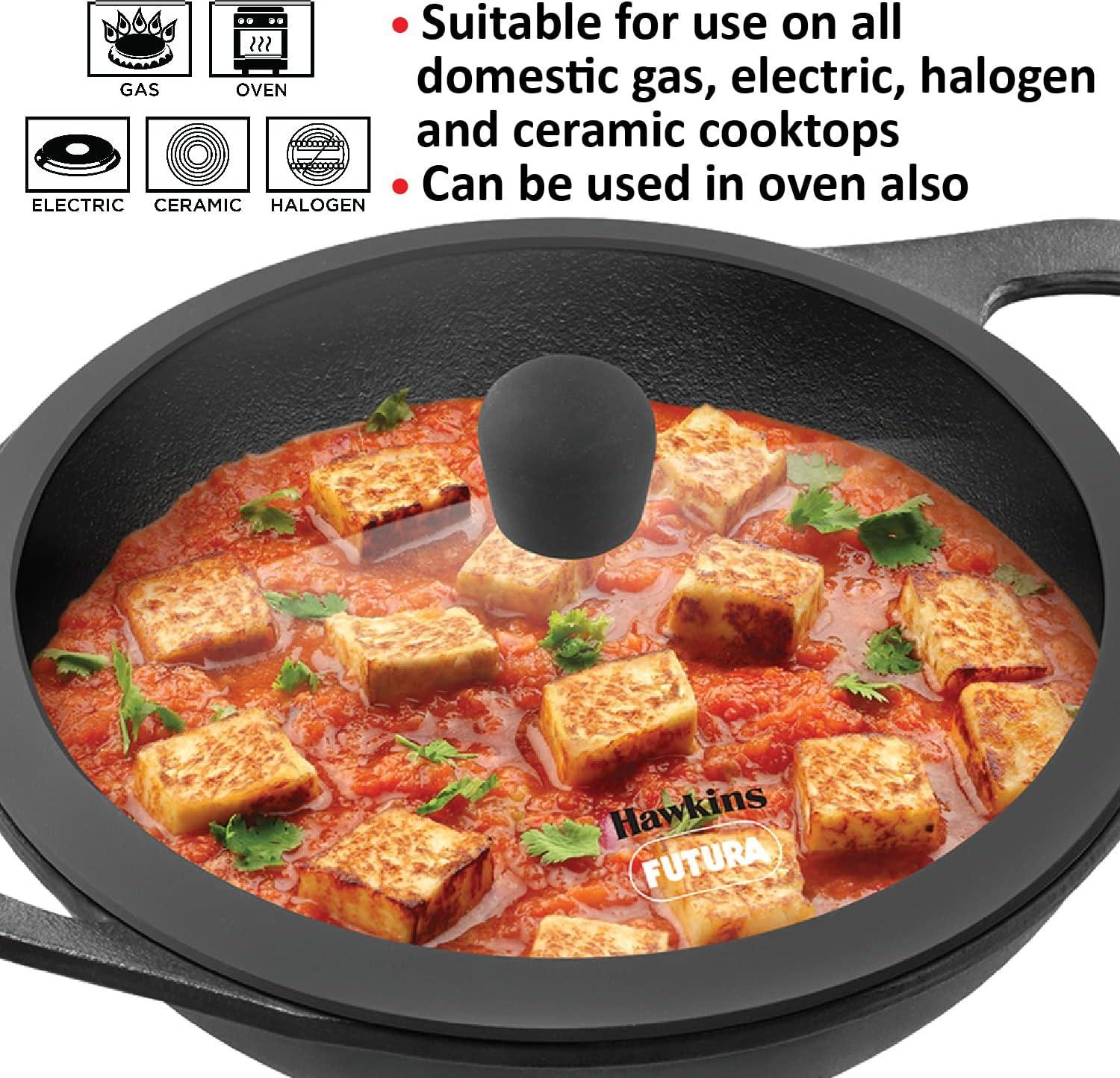 image:imageHawkins Futura 2 Litre Cast Iron Kadhai Naturally Nonstick Cast Iron Kadai with Glass Lid Cast Iron Cookware for Kitchen Black CIK20G