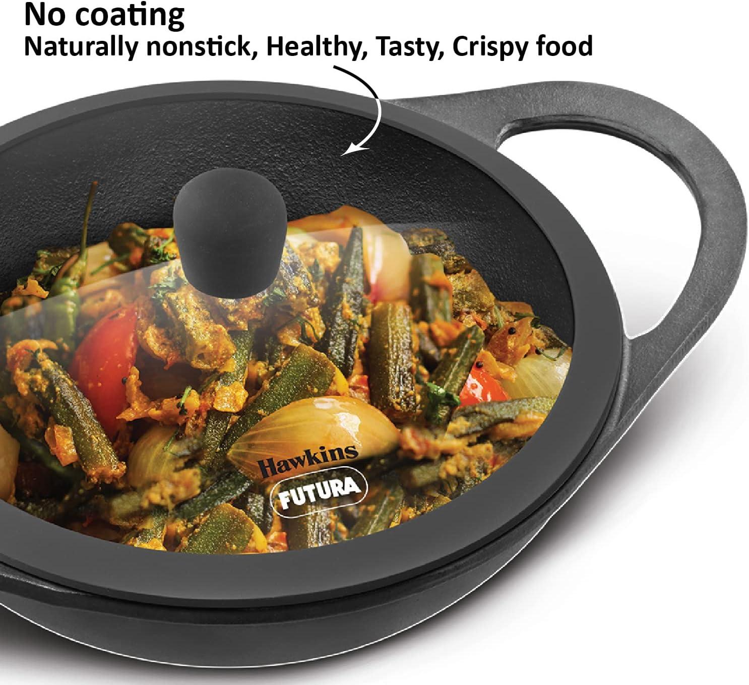 image:imageHawkins Futura 2 Litre Cast Iron Kadhai Naturally Nonstick Cast Iron Kadai with Glass Lid Cast Iron Cookware for Kitchen Black CIK20G