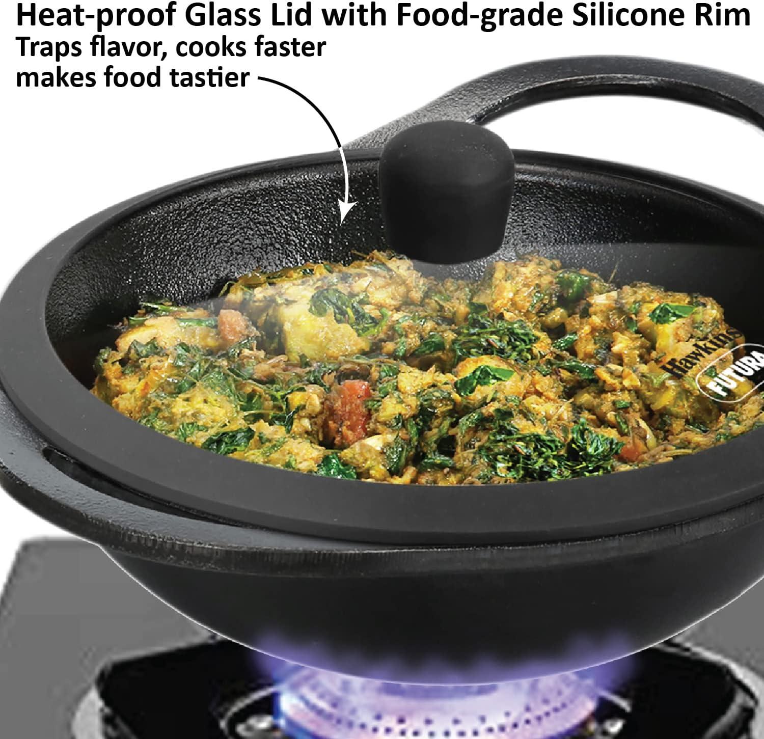 image:imageHawkins Futura 2 Litre Cast Iron Kadhai Naturally Nonstick Cast Iron Kadai with Glass Lid Cast Iron Cookware for Kitchen Black CIK20G