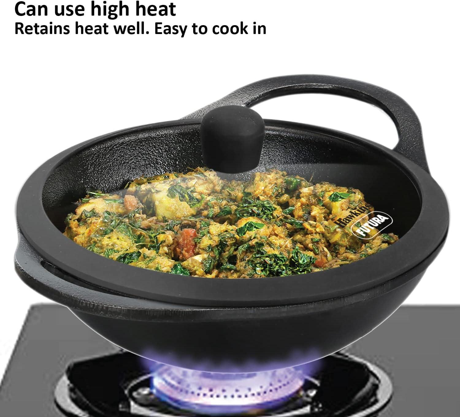 image:imageHawkins Futura 2 Litre Cast Iron Kadhai Naturally Nonstick Cast Iron Kadai with Glass Lid Cast Iron Cookware for Kitchen Black CIK20G