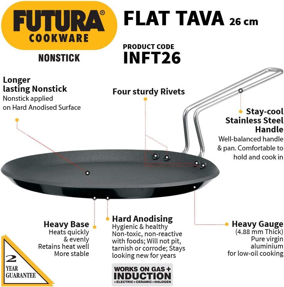image:imageHawkins Futura 26 cm Flat Tava Non Stick Tawa with Plastic Handle Tawa with Rim Pancake Pan Flat Pan Black NFT26P10 Induction