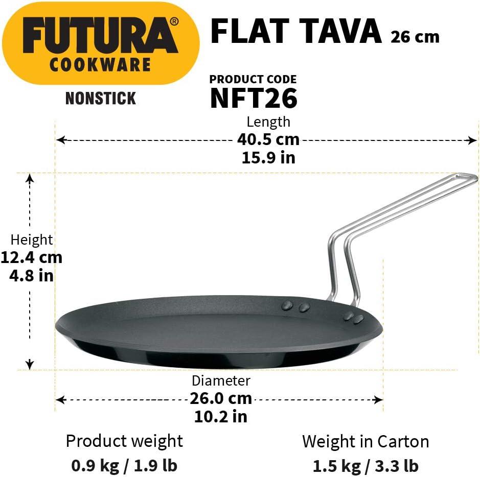 image:imageHawkins Futura 26 cm Flat Tava Non Stick Tawa with Plastic Handle Tawa with Rim Pancake Pan Flat Pan Black NFT26P10 With Stainless Steel Handle