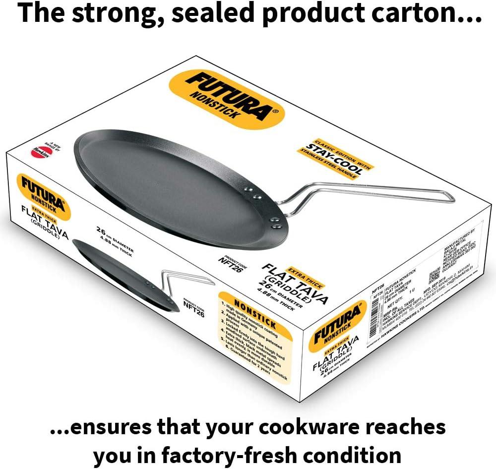 image:imageHawkins Futura 26 cm Flat Tava Non Stick Tawa with Plastic Handle Tawa with Rim Pancake Pan Flat Pan Black NFT26P10 With Stainless Steel Handle