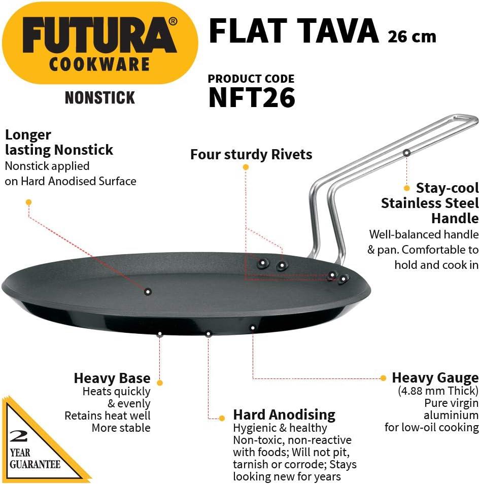 image:imageHawkins Futura 26 cm Flat Tava Non Stick Tawa with Plastic Handle Tawa with Rim Pancake Pan Flat Pan Black NFT26P10 With Stainless Steel Handle