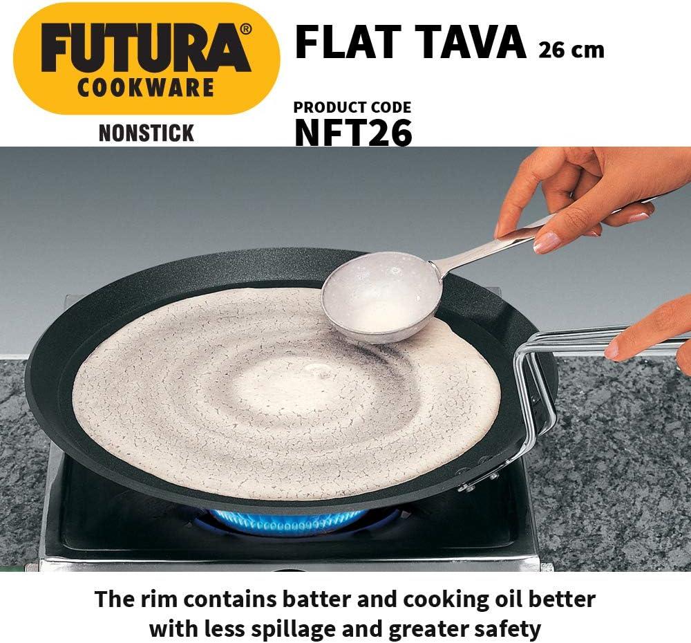 image:imageHawkins Futura 26 cm Flat Tava Non Stick Tawa with Plastic Handle Tawa with Rim Pancake Pan Flat Pan Black NFT26P10 With Stainless Steel Handle