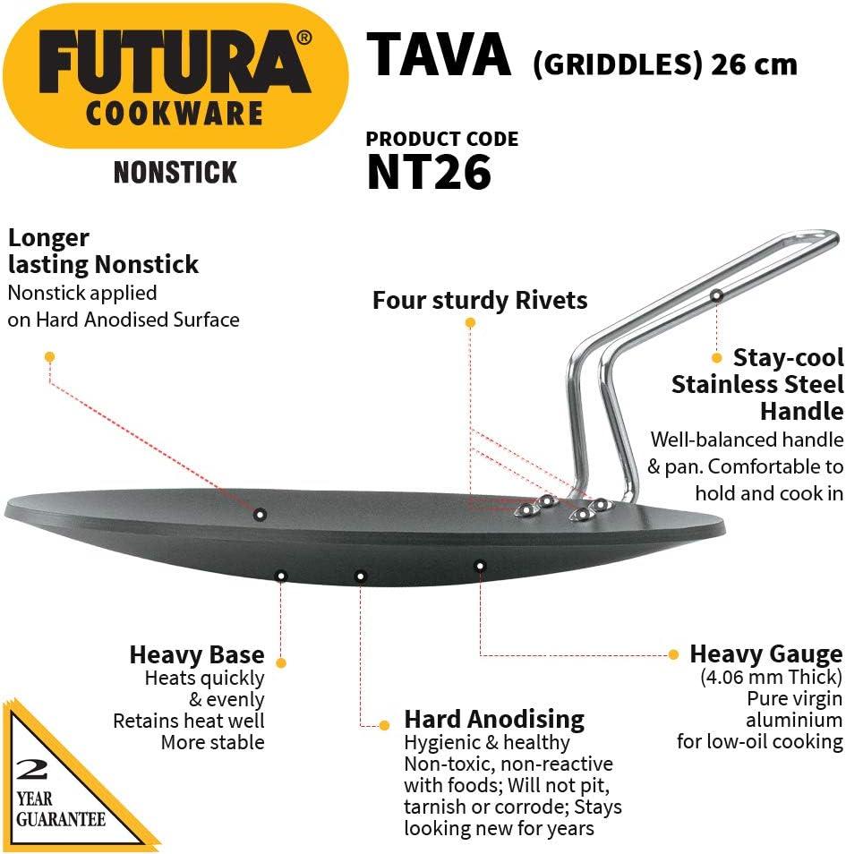 image:imageHawkins Futura 26 cm Tava Non Stick Tawa with Stainless Steel Handle Black NT2610 Inch 406mm Thick