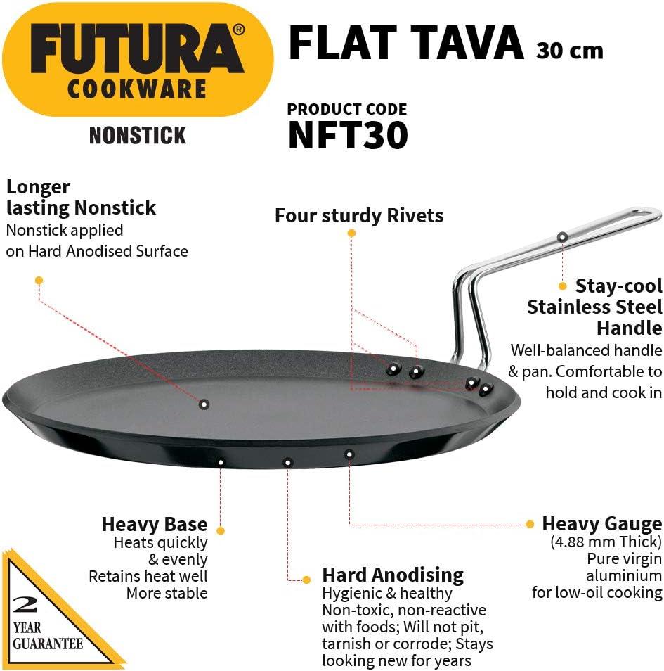 image:imageHawkins Futura 30 cm Flat Tava Non Stick Tawa with Stainless Steel Handle Tawa with Rim Pancake Pan Flat Pan Black NFT30