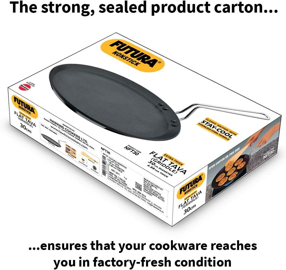image:imageHawkins Futura 30 cm Flat Tava Non Stick Tawa with Stainless Steel Handle Tawa with Rim Pancake Pan Flat Pan Black NFT30