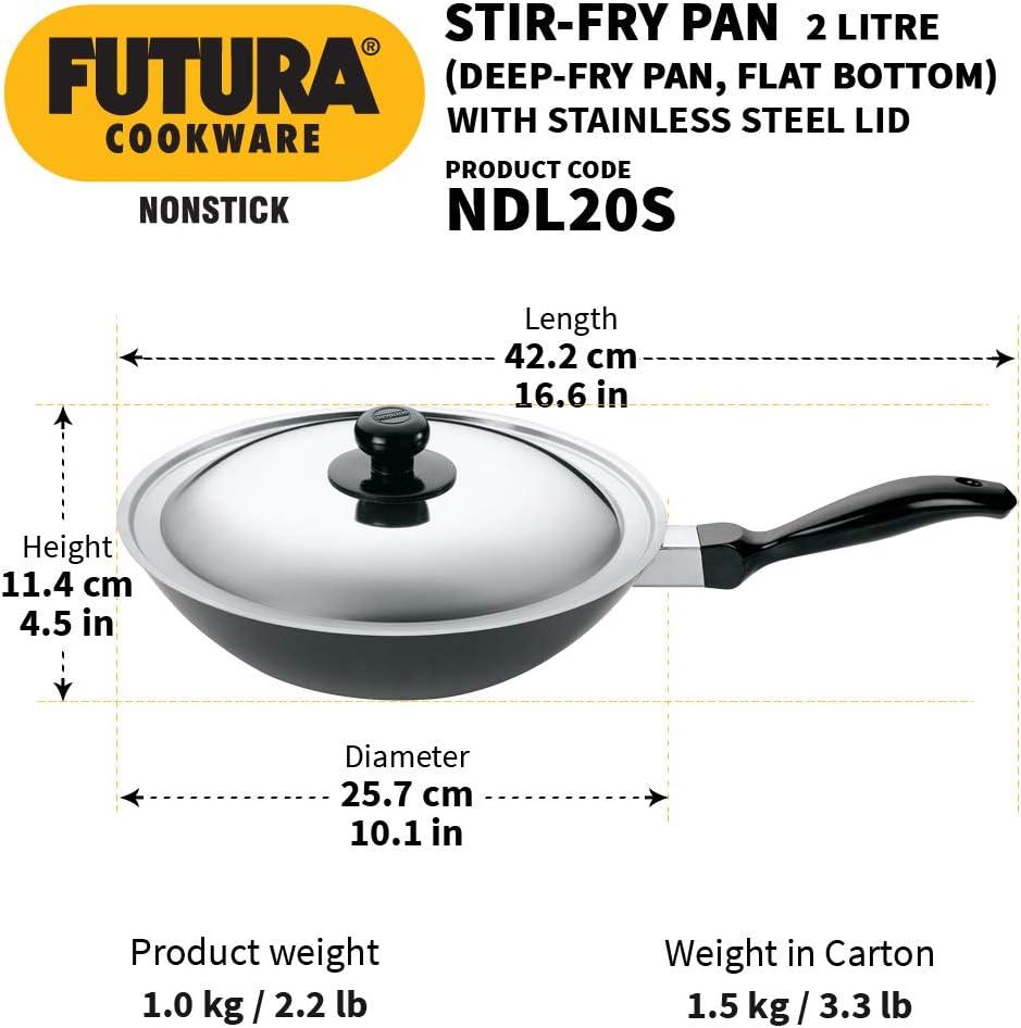 image:imageHawkins Futura Nonstick DeepFry Pan StirFry Pan 2 L 26 cm 325 mm with SS Lid Black2 L Stainless steel Lid