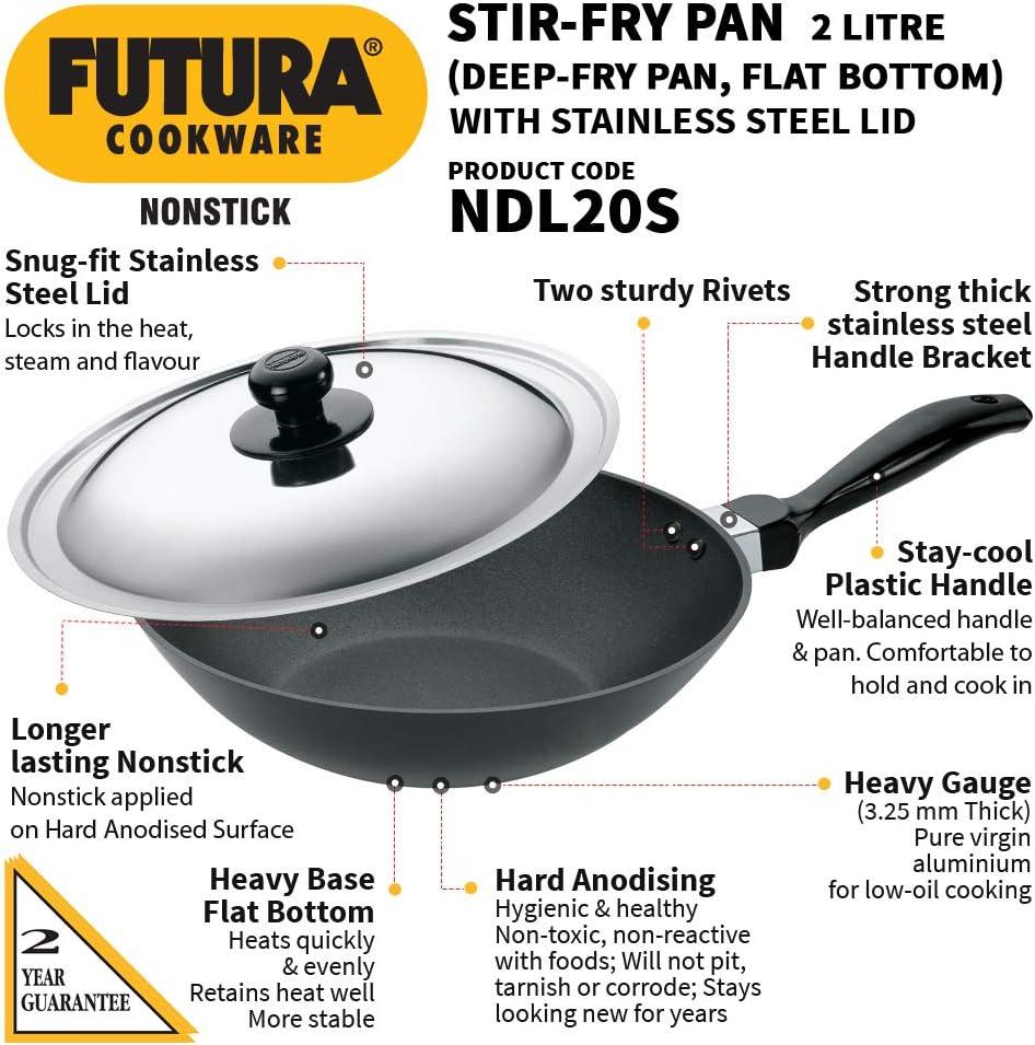 image:imageHawkins Futura Nonstick DeepFry Pan StirFry Pan 2 L 26 cm 325 mm with SS Lid Black2 L Stainless steel Lid