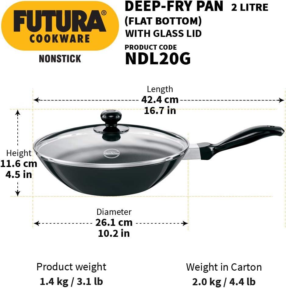 image:imageHawkins Futura Nonstick DeepFry Pan StirFry Pan 2 L 26 cm 325 mm with SS Lid Black2 Liter Glass Lid