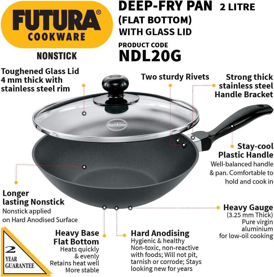 image:imageHawkins Futura Nonstick DeepFry Pan StirFry Pan 2 L 26 cm 325 mm with SS Lid Black2 Liter Glass Lid