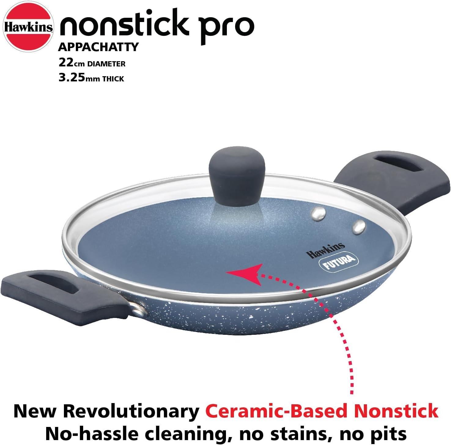 image:imageHawkins Nonstick Pro 09 Litre Appachatty Mini Kadhai Appachatti Appachetty Appam Pot Maker Deep Fry Pan with Glass Lid Granite Kadai