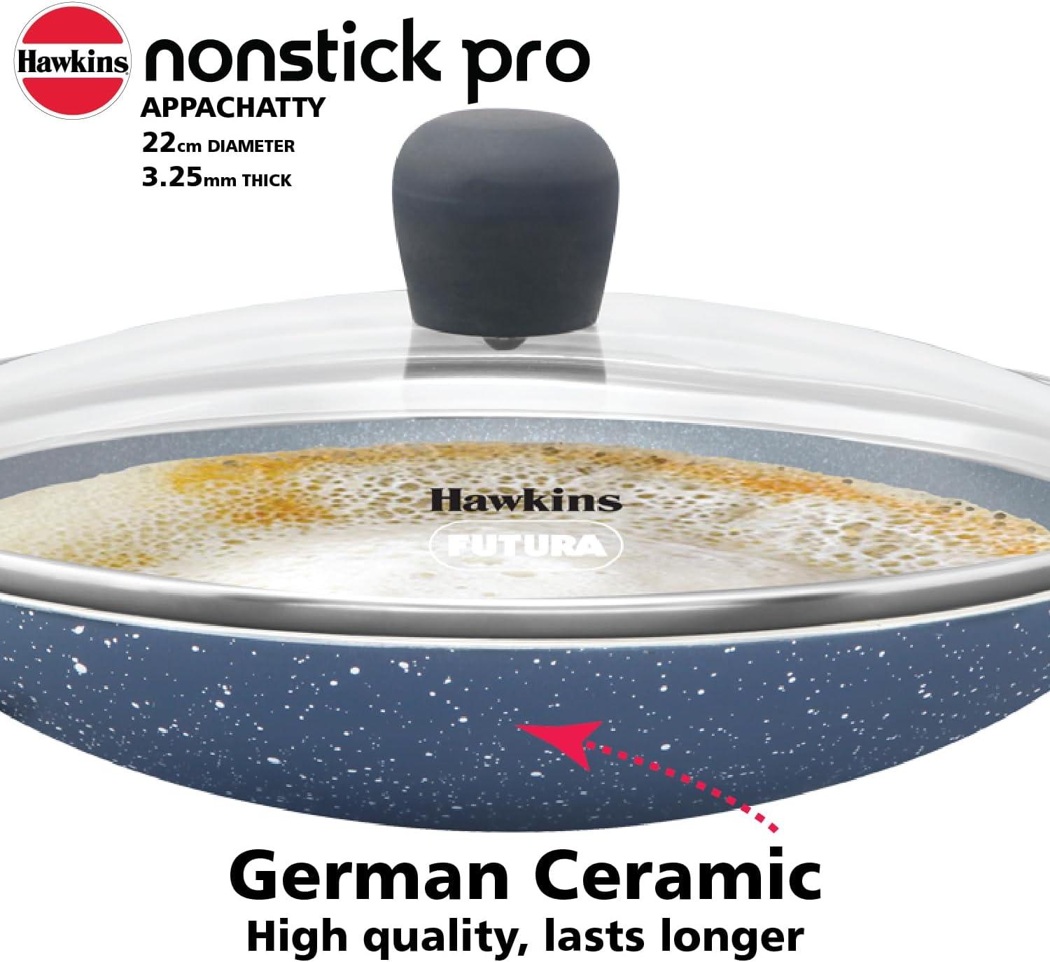 image:imageHawkins Nonstick Pro 09 Litre Appachatty Mini Kadhai Appachatti Appachetty Appam Pot Maker Deep Fry Pan with Glass Lid Granite Kadai