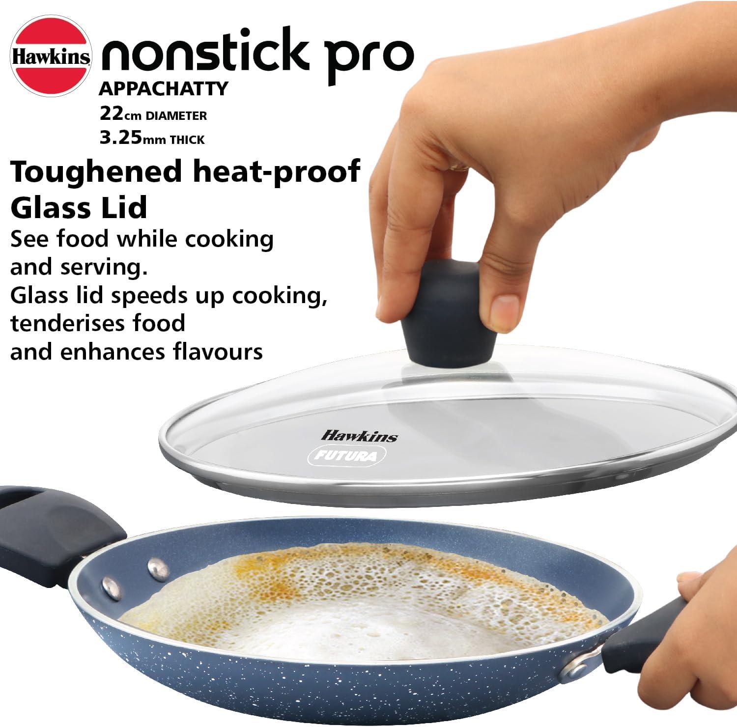 image:imageHawkins Nonstick Pro 09 Litre Appachatty Mini Kadhai Appachatti Appachetty Appam Pot Maker Deep Fry Pan with Glass Lid Granite Kadai
