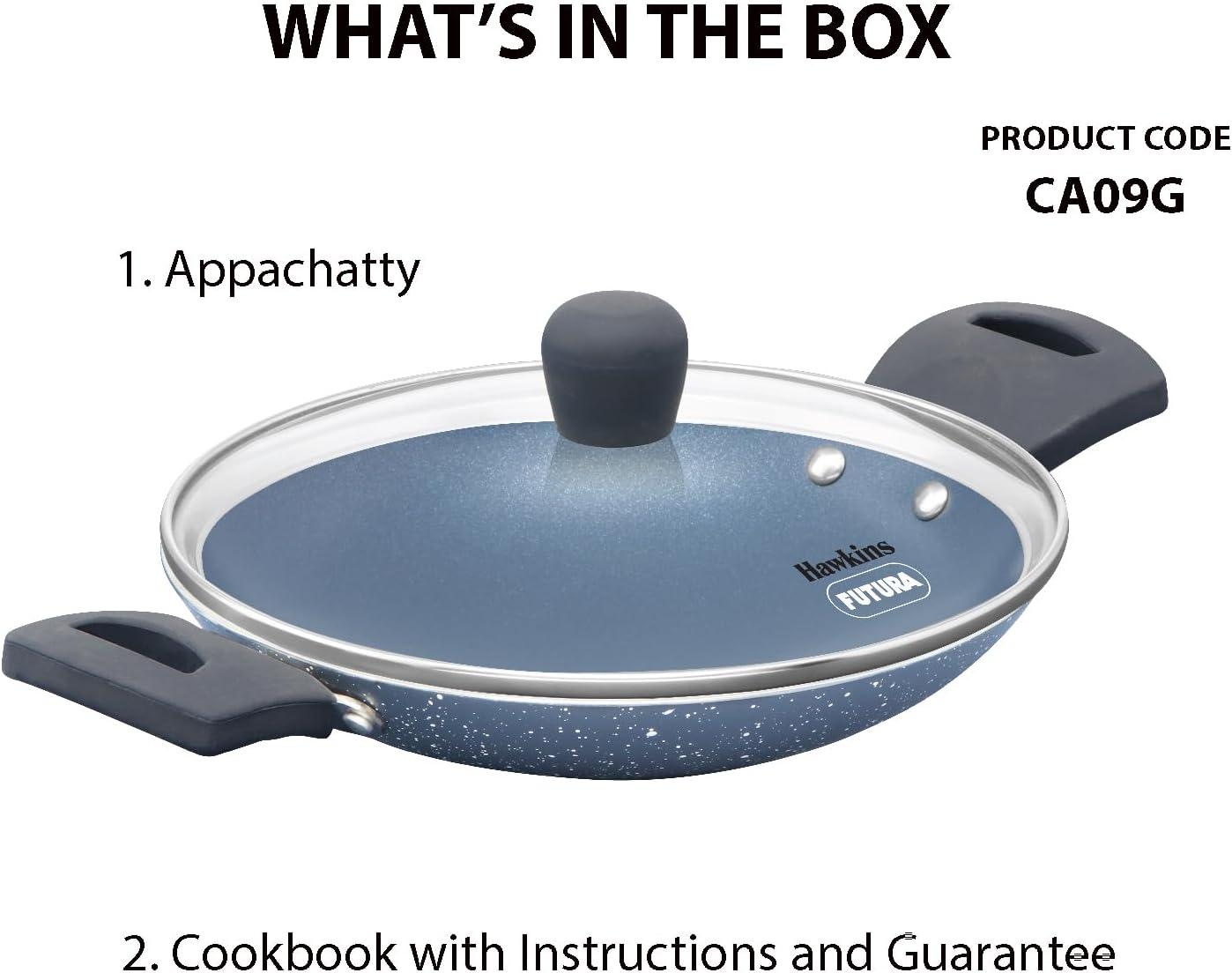 image:imageHawkins Nonstick Pro 09 Litre Appachatty Mini Kadhai Appachatti Appachetty Appam Pot Maker Deep Fry Pan with Glass Lid Granite Kadai