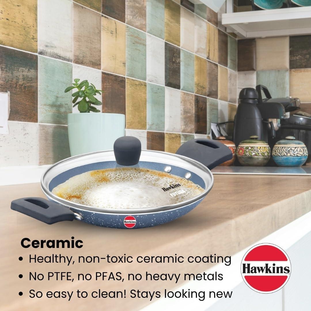 image:imageHawkins Nonstick Pro 09 Litre Appachatty Mini Kadhai Appachatti Appachetty Appam Pot Maker Deep Fry Pan with Glass Lid Granite Kadai