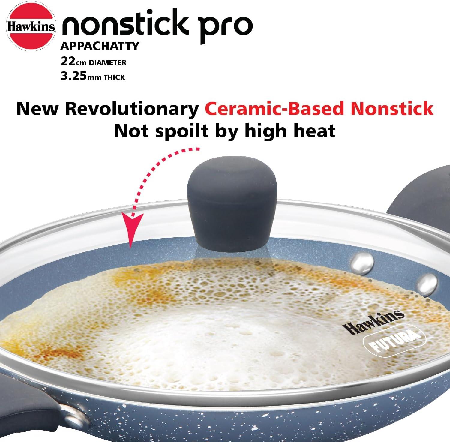 image:imageHawkins Nonstick Pro 09 Litre Appachatty Mini Kadhai Appachatti Appachetty Appam Pot Maker Deep Fry Pan with Glass Lid Granite Kadai