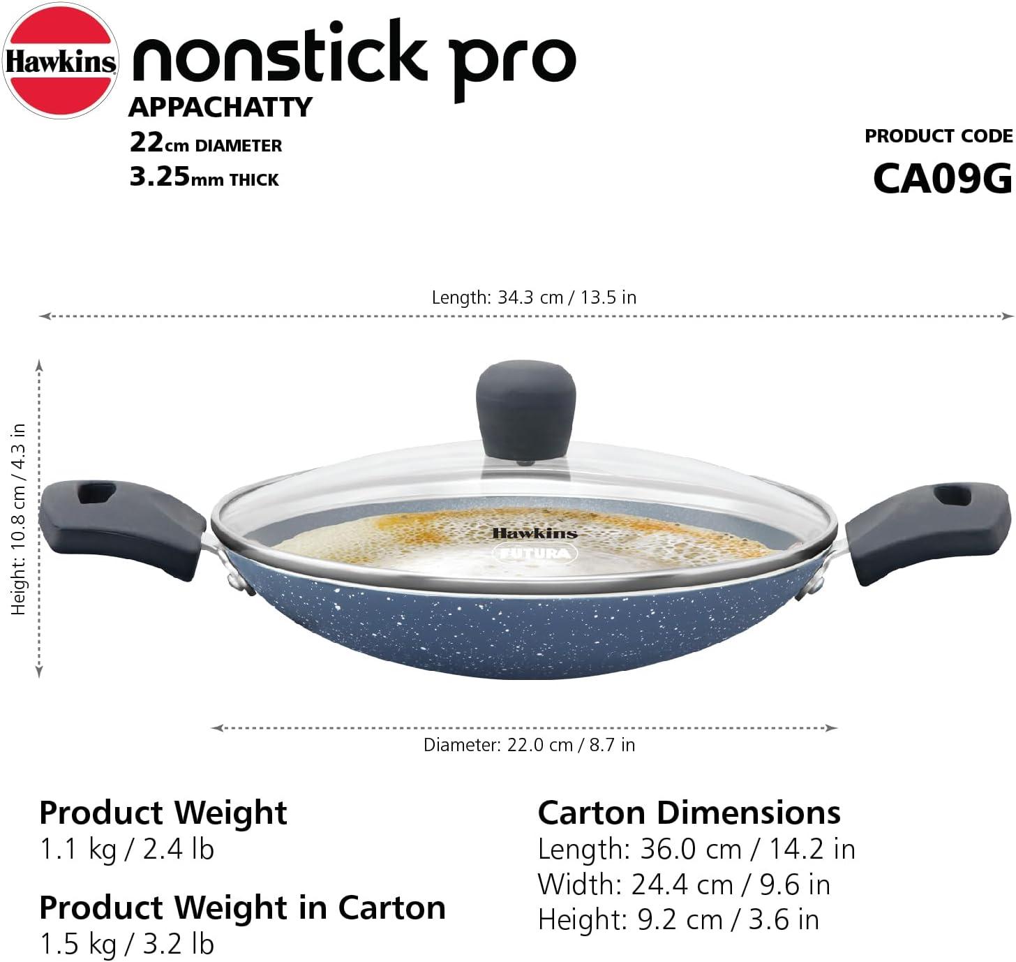 image:imageHawkins Nonstick Pro 09 Litre Appachatty Mini Kadhai Appachatti Appachetty Appam Pot Maker Deep Fry Pan with Glass Lid Granite Kadai