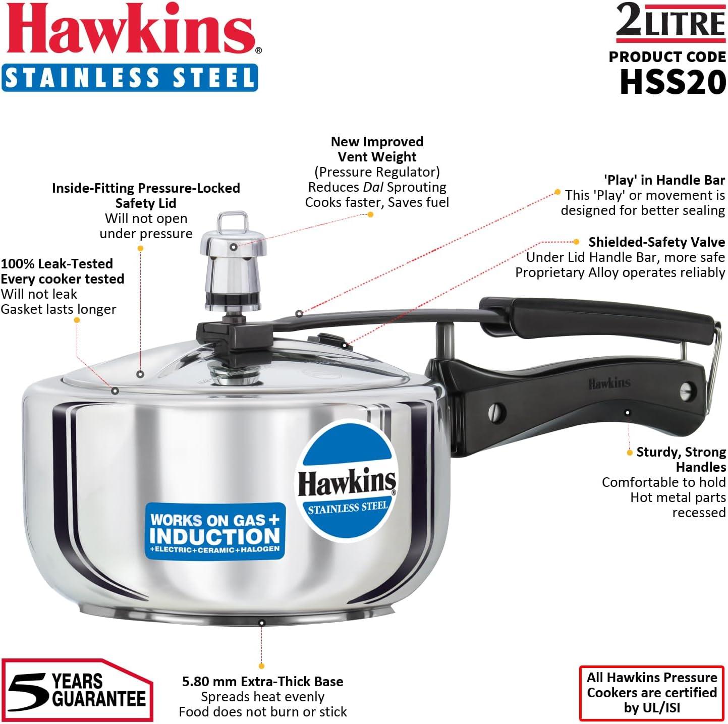image:imageHawkins Pressure Cooker Stainless Steel Inner Lid Cooker Induction Cooker Small Cooker Silver HSS20 2 Litre