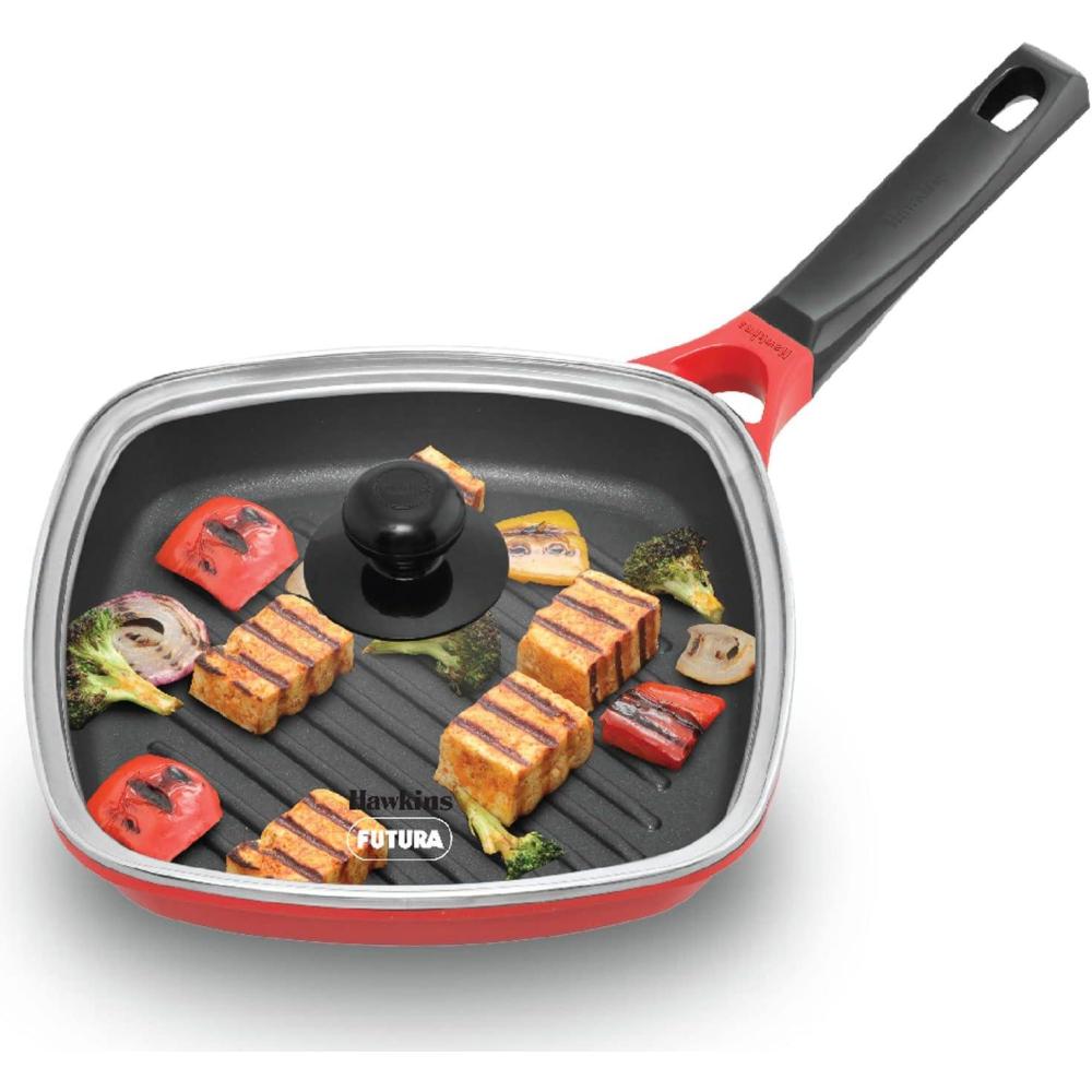 image:imageHawkins 26 cm Grill Pan Non Stick Die Cast Grilling Pan with Glass Lid Square Grill Pan for Gas Stove Ceramic Coated Pan Red IGP26G