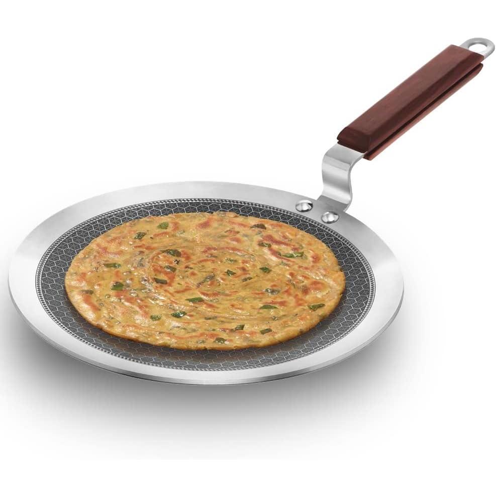 image:imageHawkins 26 cm Paratha Tava Triply Stainless Steel Shielded Nonstick Tawa with Rosewood Handle Honeycomb Non Stick Induction Tawa Silver NSPT26