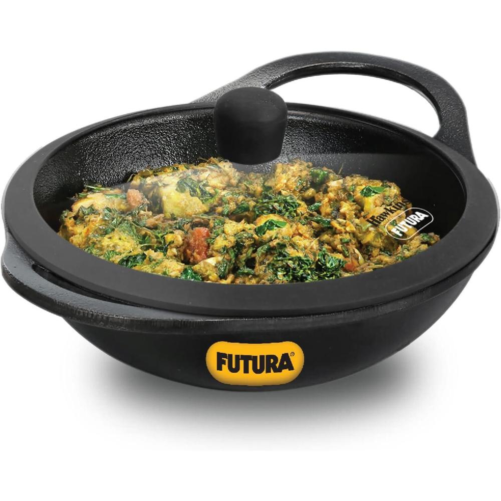 image:imageHawkins Futura 2 Litre Cast Iron Kadhai Naturally Nonstick Cast Iron Kadai with Glass Lid Cast Iron Cookware for Kitchen Black CIK20G