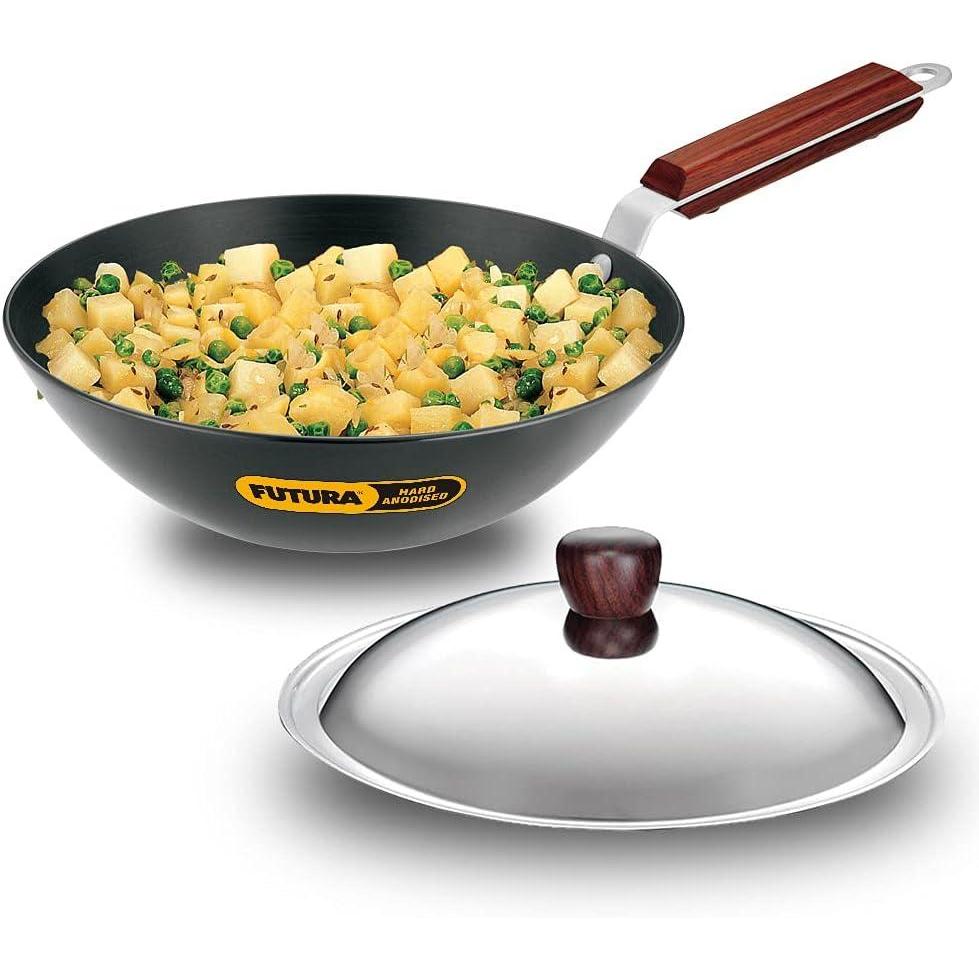 image:imageHawkins Futura 25 Litre Deep Fry Pan Long Handle Hard Anodised Kadai with Stainless Steel Lid Flat Bottom Kadhai Black ADL25S25 L Non Induction