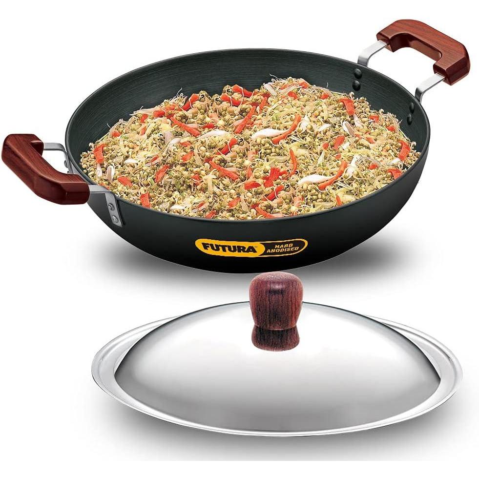 image:imageHawkins Futura 25 Litre Deep Fry Pan Long Handle Hard Anodised Kadai with Stainless Steel Lid Flat Bottom Kadhai Black ADL25S75 L Non Induction