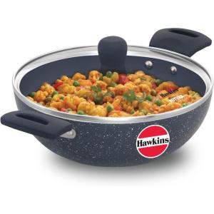 image:imageHAWKINS Ceramic Nonstick 25 Litre Deep Kadhai Induction Deep Fry Pan with Glass Lid Granite Kadai ICK25G