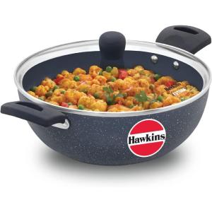 image:imageHAWKINS Ceramic Nonstick 35 Litre Deep Kadhai Induction Deep Fry Pan with Glass Lid Granite Kadai ICK35G