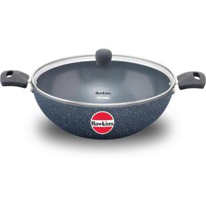 image:imageHAWKINS Ceramic Nonstick s Deep Kadhai Induction Deep Fry Pan with Glass Lid Granite Kadai ICK50G 5 Litre Grey