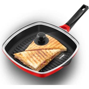 image:imageHAWKINS Grill Pan Non Stick Die Cast Grilling Pan with Glass Lid Square Grill Pan for Gas Stove Ceramic Coated Pan Roast Pan DCGP30G Red 30 cm