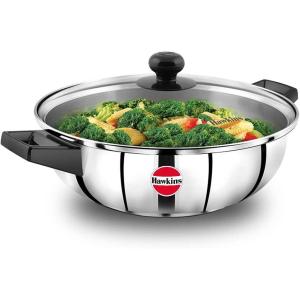image:imageHawkins 3 Litre Cook n Serve Frying Pan Stainless Steel Fry Pan with Glass Lid Induction Frying Pan Frypan for Cooking and Serving Silver SSF3LG
