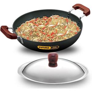 image:imageHawkins Futura 25 Litre Deep Fry Pan Long Handle Hard Anodised Kadai with Stainless Steel Lid Flat Bottom Kadhai Black ADL25S75 L Non Induction