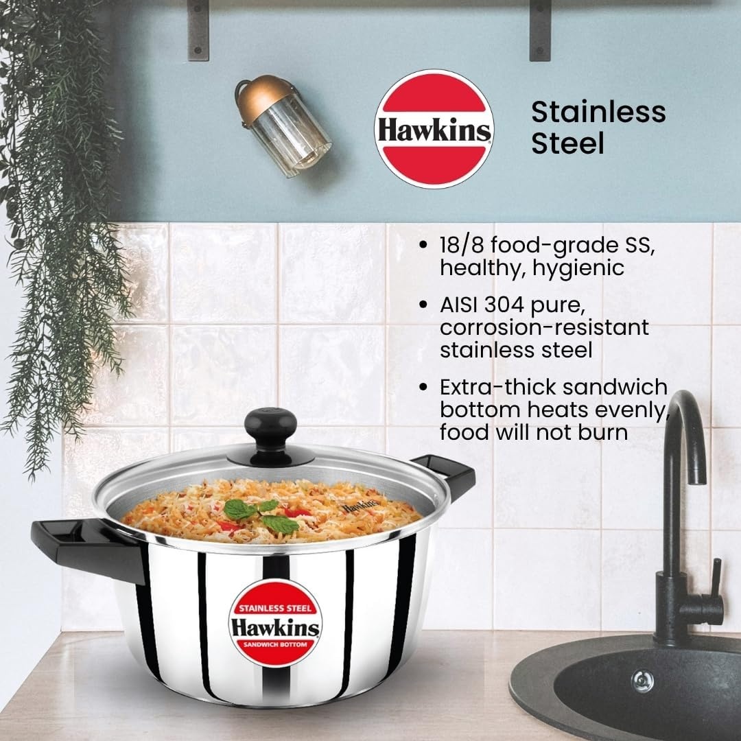 image:imageHawkins 5 Litre Cook n Serve Casserole Stainless Steel Saucepan with Glass Lid Induction Pan Sauce Pan for Cooking and Serving Black SSCB50G