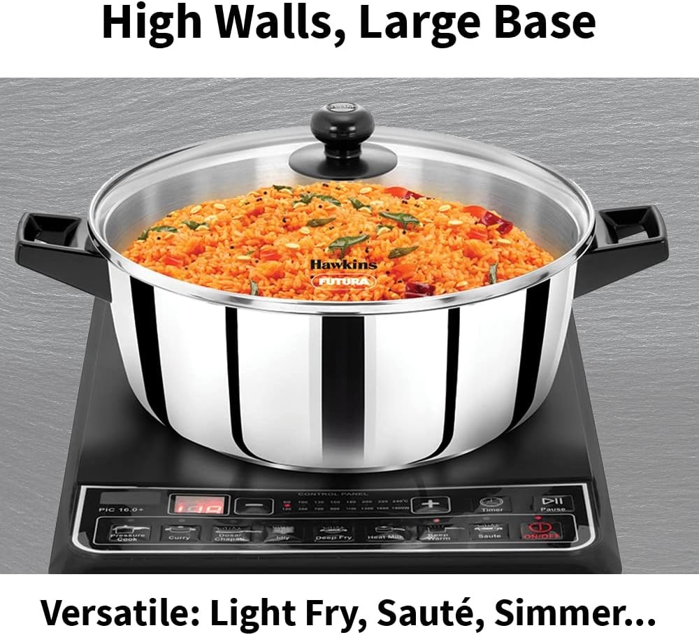 image:imageHawkins 5 Litre Cook n Serve Casserole Stainless Steel Saucepan with Glass Lid Induction Pan Sauce Pan for Cooking and Serving Black SSCB50G