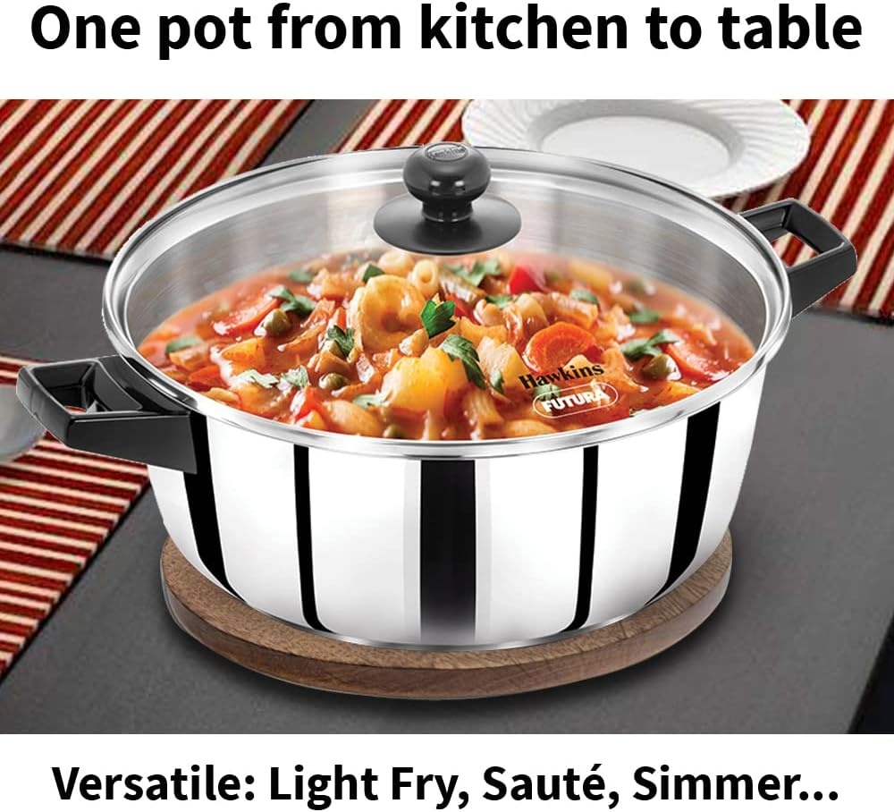 image:imageHawkins 5 Litre Cook n Serve Casserole Stainless Steel Saucepan with Glass Lid Induction Pan Sauce Pan for Cooking and Serving Black SSCB50G