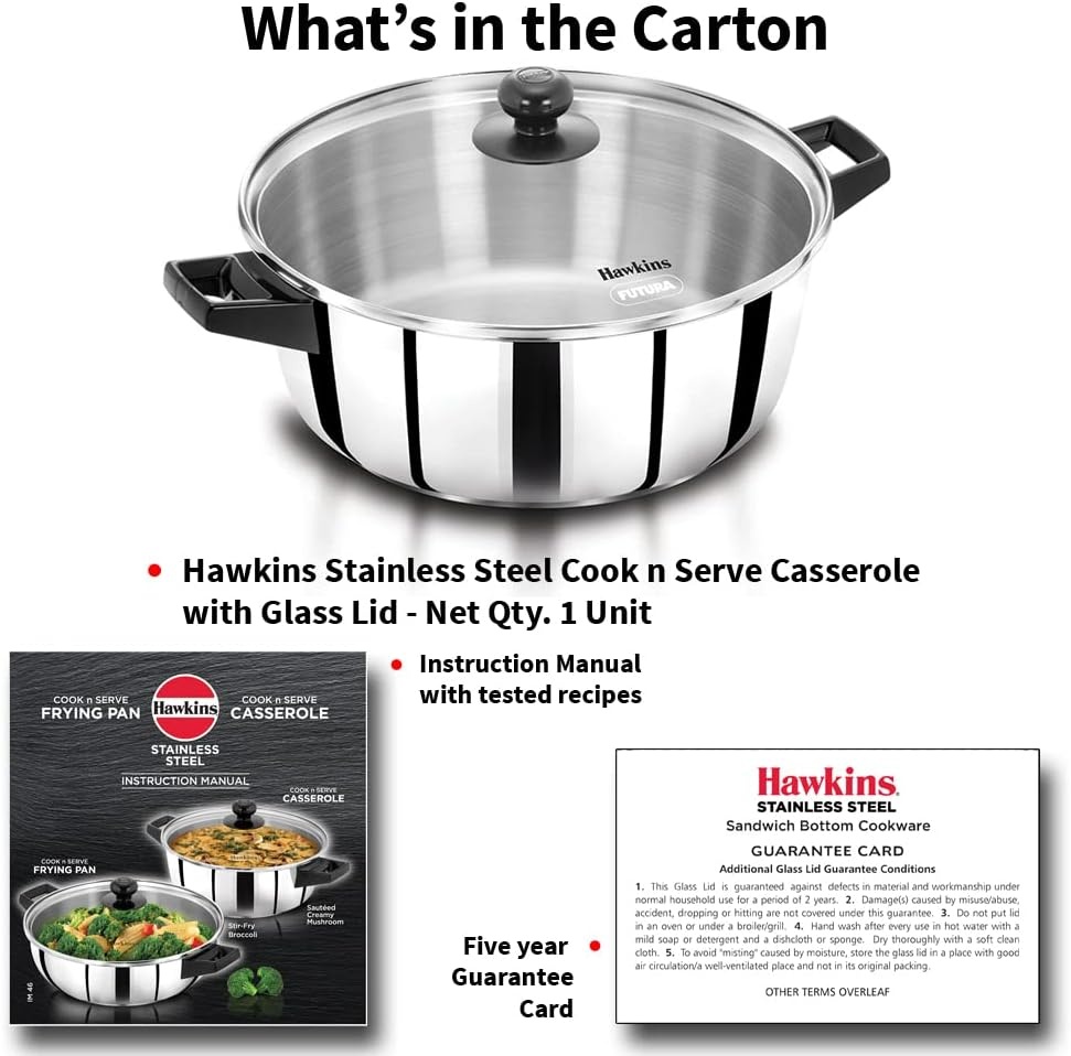 image:imageHawkins 5 Litre Cook n Serve Casserole Stainless Steel Saucepan with Glass Lid Induction Pan Sauce Pan for Cooking and Serving Black SSCB50G