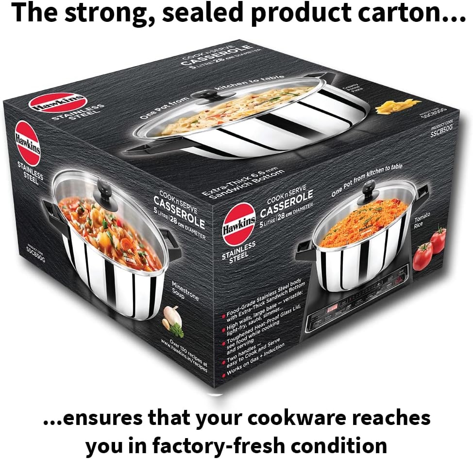 image:imageHawkins 5 Litre Cook n Serve Casserole Stainless Steel Saucepan with Glass Lid Induction Pan Sauce Pan for Cooking and Serving Black SSCB50G