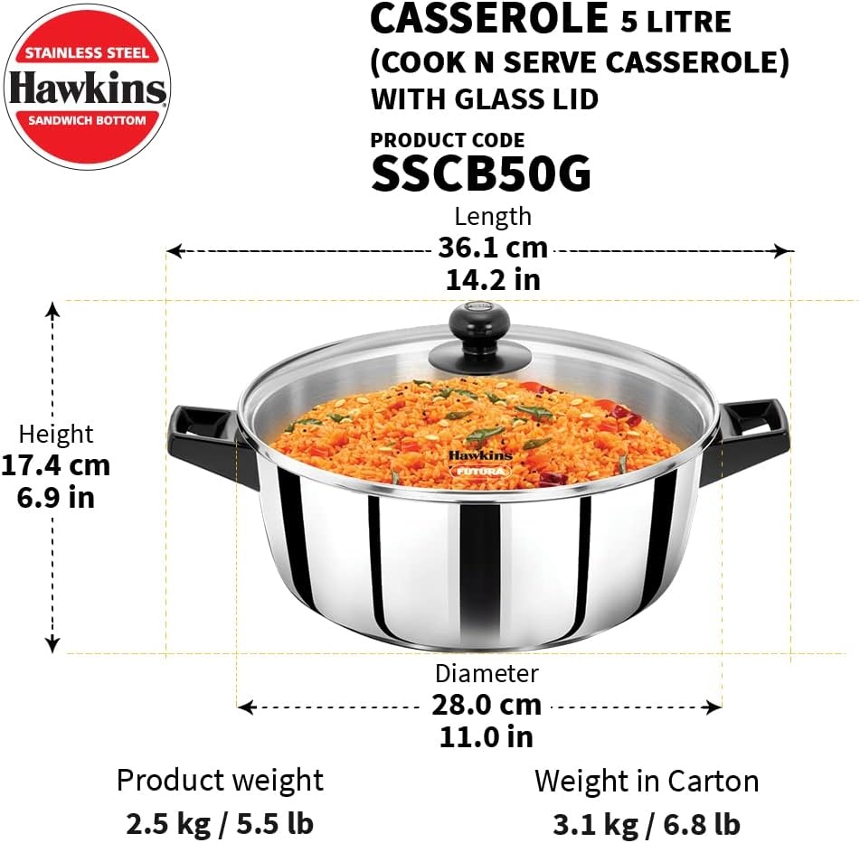 image:imageHawkins 5 Litre Cook n Serve Casserole Stainless Steel Saucepan with Glass Lid Induction Pan Sauce Pan for Cooking and Serving Black SSCB50G