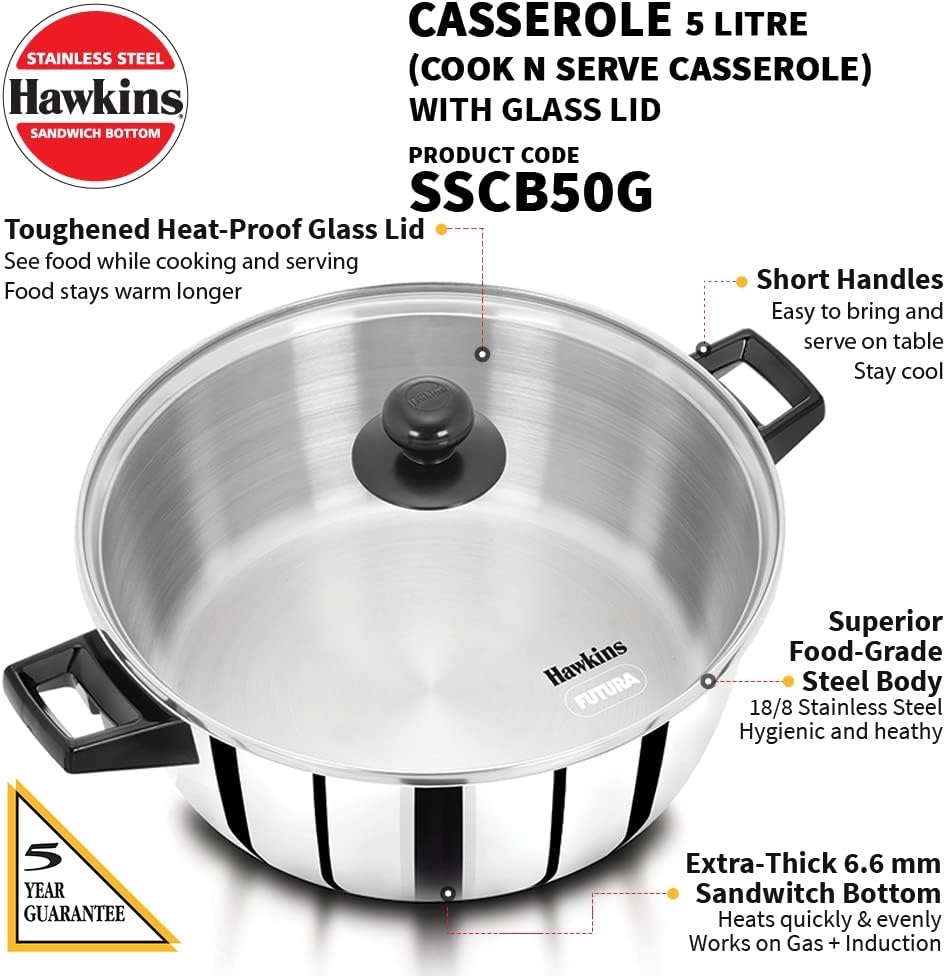 image:imageHawkins 5 Litre Cook n Serve Casserole Stainless Steel Saucepan with Glass Lid Induction Pan Sauce Pan for Cooking and Serving Black SSCB50G